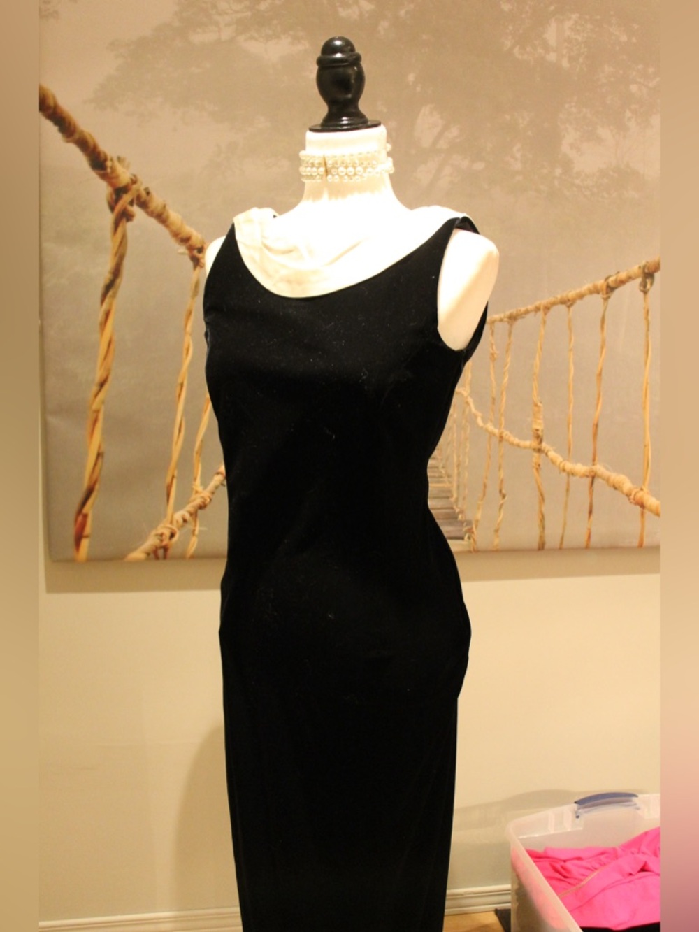 Classic Black Sleeveless Evening Dress with Cream Cowl Neck